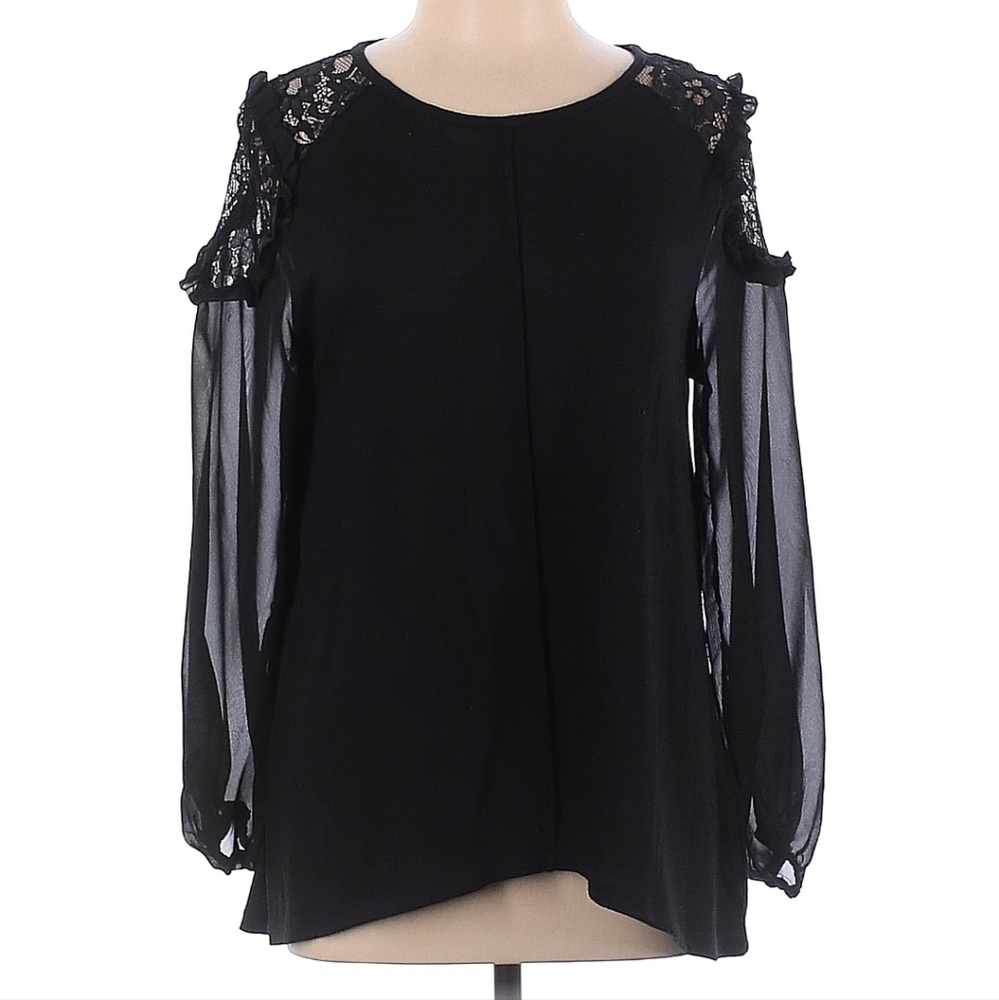 August Silk Pullover Blouse - Sheer Long Sleeves and Lace Shoulder Caps - Size L